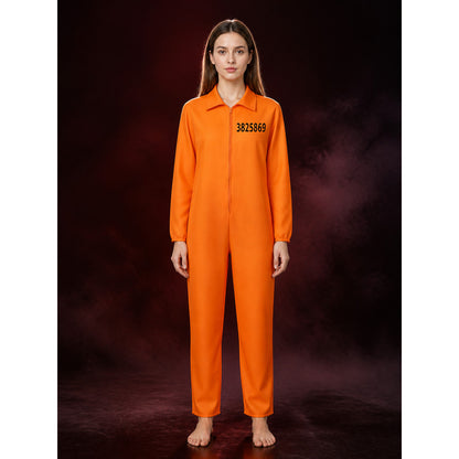 Orange Prisoner Jumpsuit Costume, Collared Zip-Front Long-Sleeve Number-Printed main product view