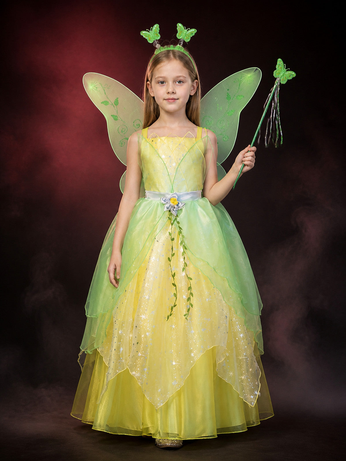 Girls Tinker Bell Fairy Dress Costume Set with Wings, Headband & Wand main product view