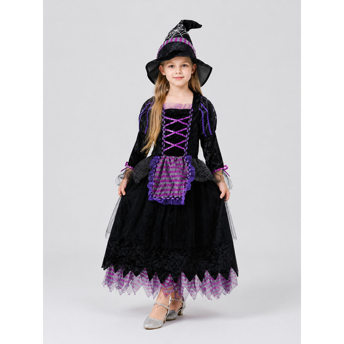Children's Purple Witch Dress with Full Skirt and Hat lifestyle