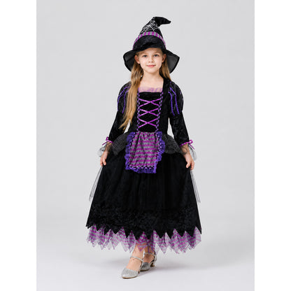 Children's Purple Witch Dress with Full Skirt and Hat lifestyle