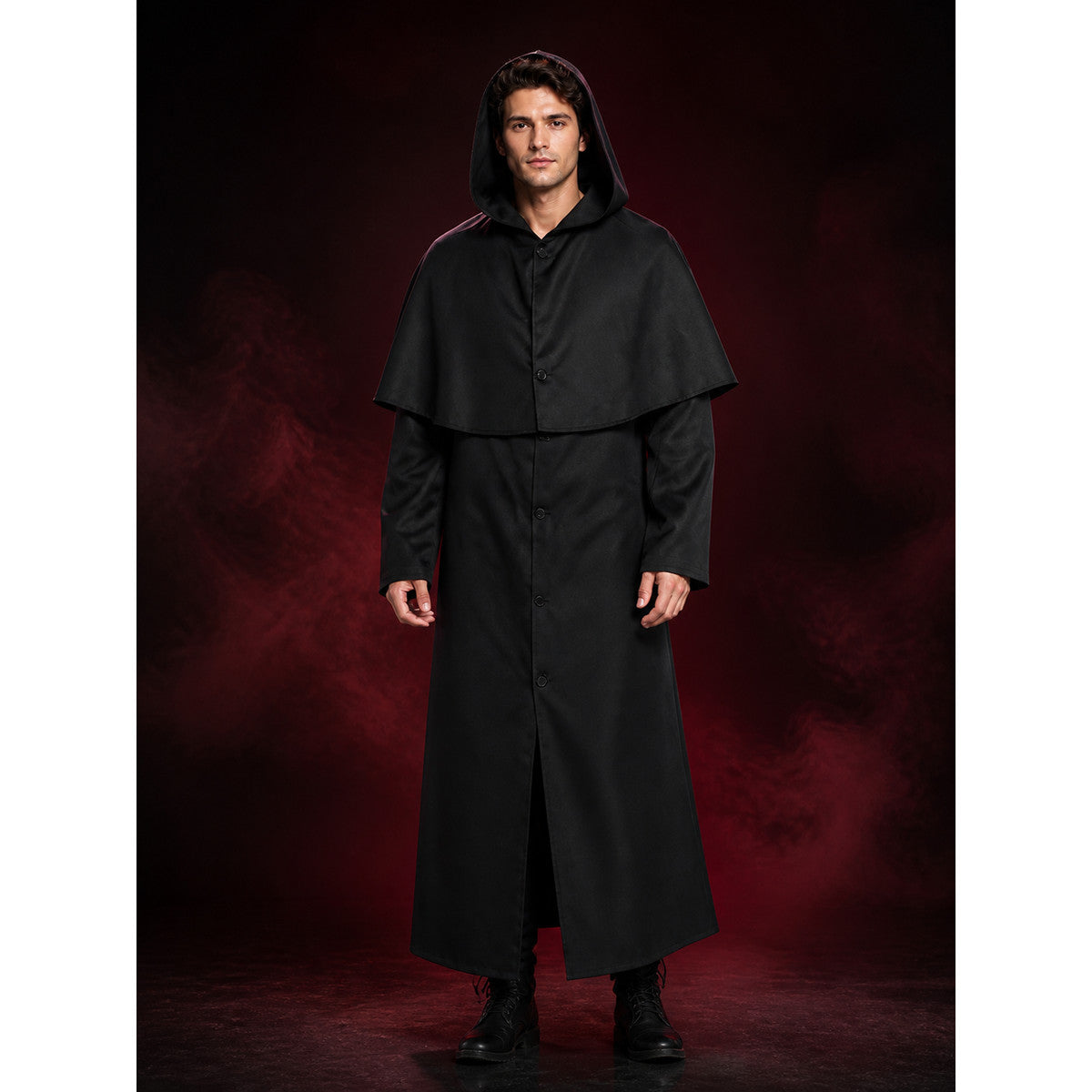 Adult Wizard Hooded Robe Costume, Black Long Cape Style Cosplay Outfit main product view