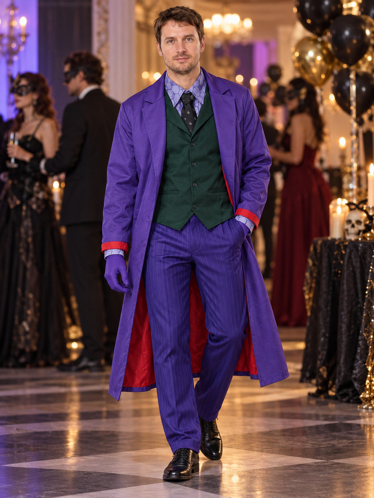 Clown carnival costume with purple coat and vest