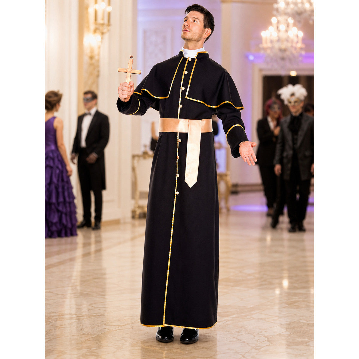 Long cosplay cassock with gold buttons
