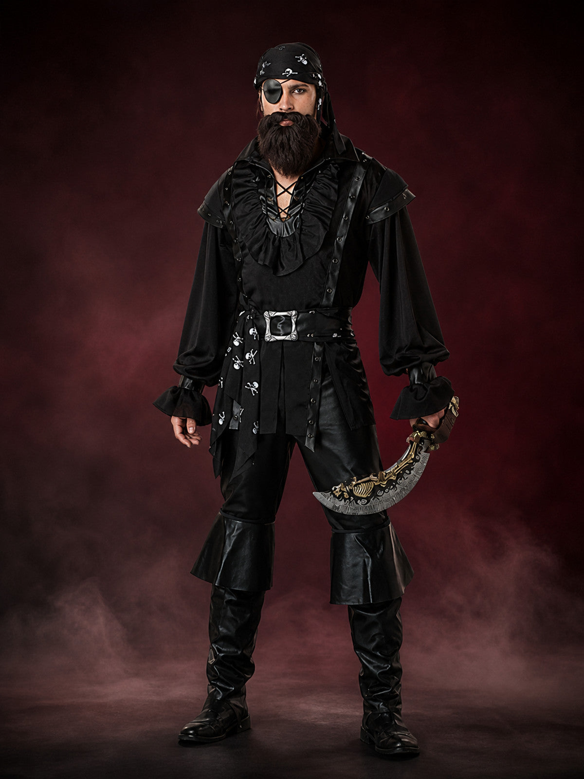 Adult Pirate Costume Set, Black Long-Sleeve Outfit With Headscarf, Beard main product view
