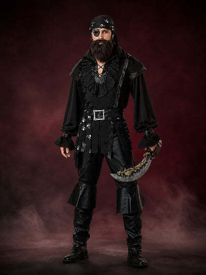 Adult Pirate Costume Set, Black Long-Sleeve Outfit With Headscarf, Beard main product view