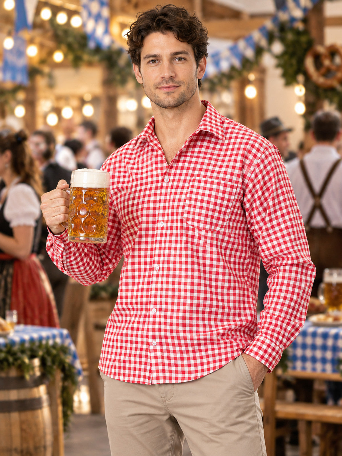 Red plaid shirt, long sleeves, polyester, cotton