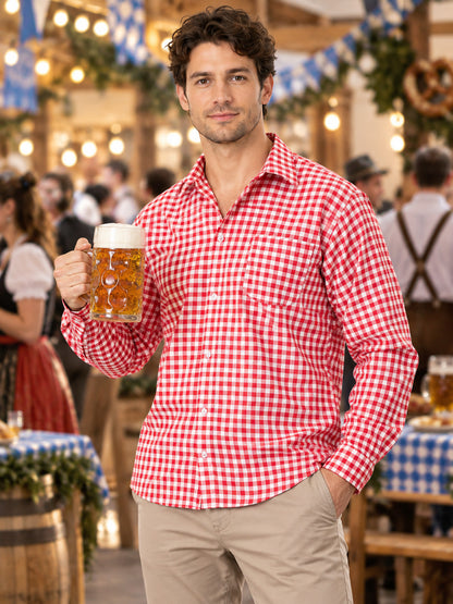 Red plaid shirt, long sleeves, polyester, cotton
