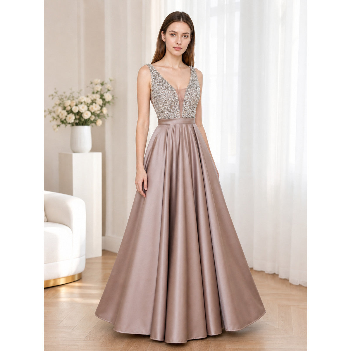 Sleeveless Evening Dress with Embellishment and V-Neckline