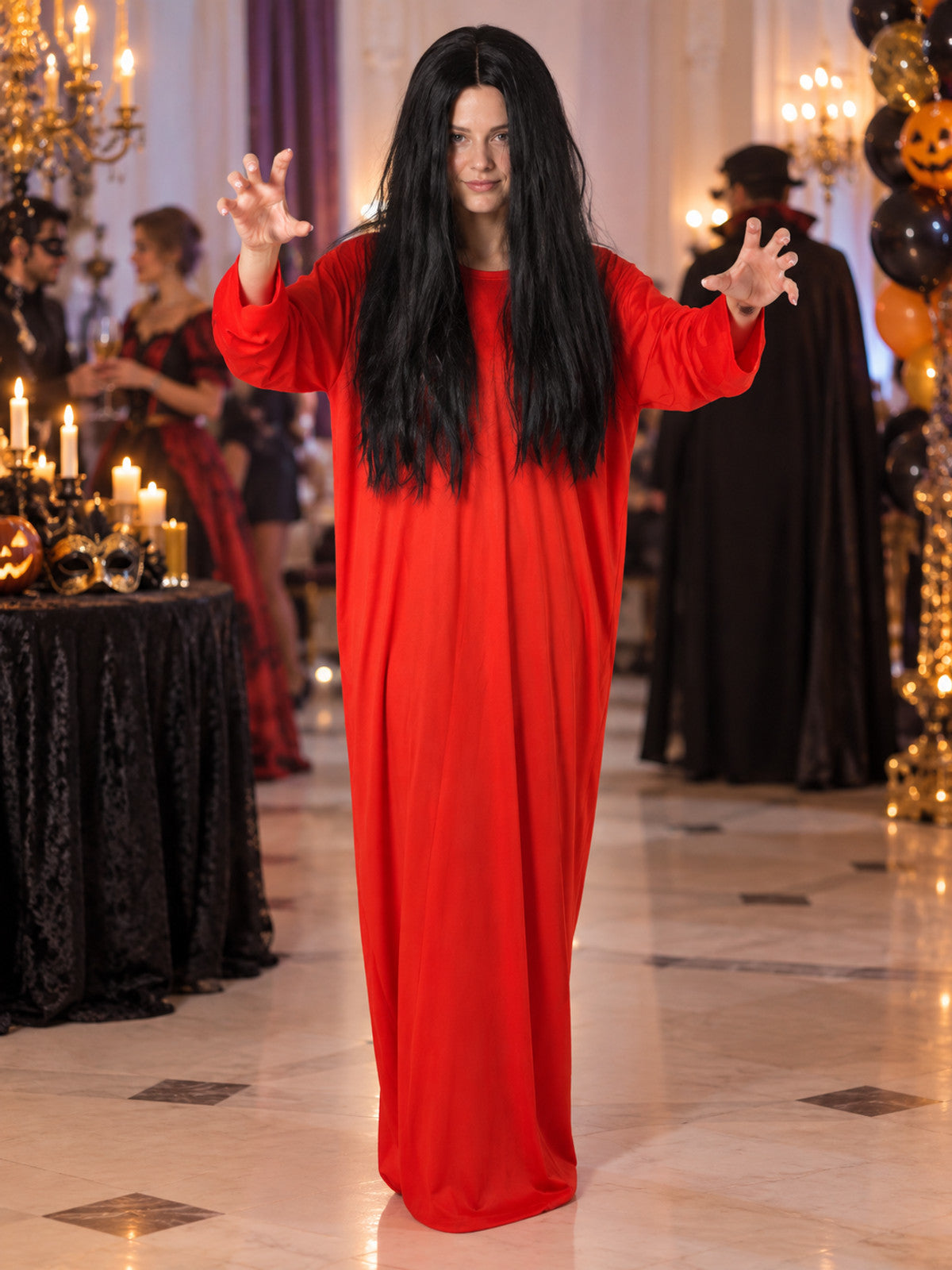 Costume: Long Red Dress and Black Wig