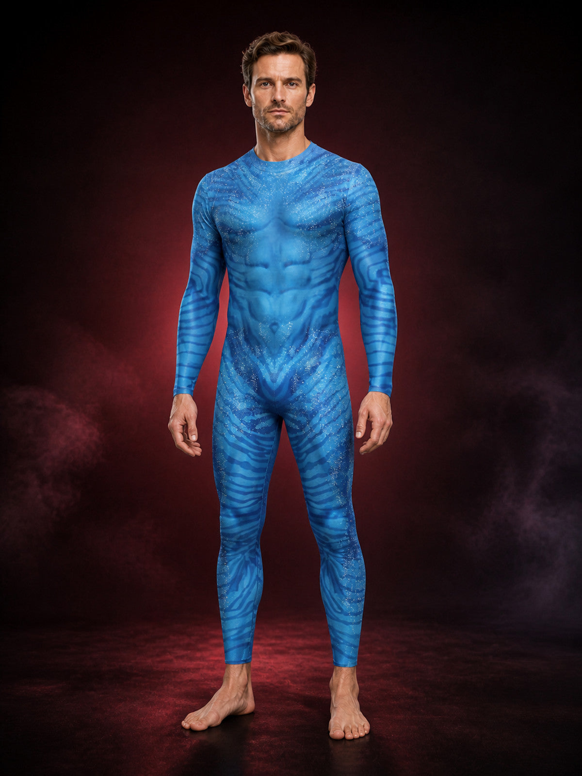 Blue Alien Full Body Suit Costume, Muscle Contour Patterned Halloween Jumpsuit