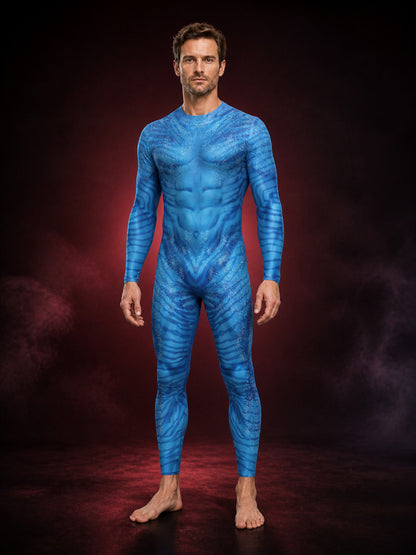 Blue Alien Full Body Suit Costume, Muscle Contour Patterned Halloween Jumpsuit