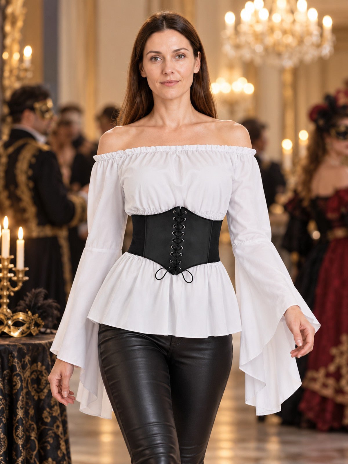 White Blouse with Black Corset Belt in Pirate Style