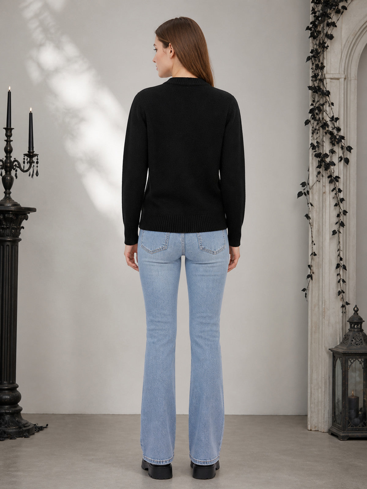 Black Crew Neck Long Sleeve Knit Sweater with Space Themed Astronaut and Planet
