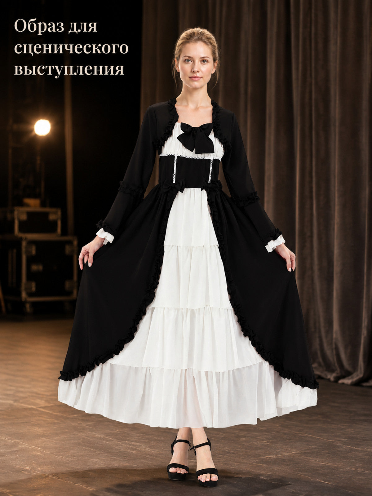 Black Renaissance-Style Stage Dress with Ruffles Costume Dresses detail