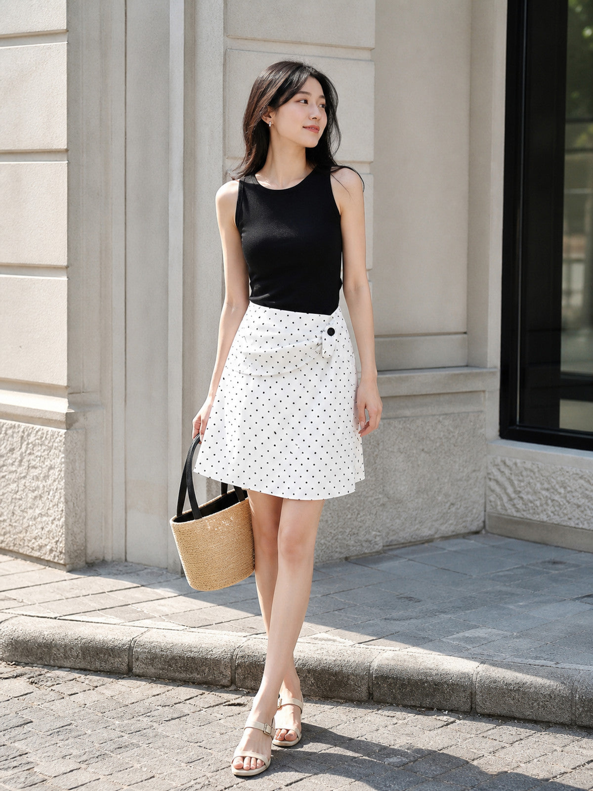 Women's White Midi A-Line Skirt with Black Polka Dots product detail