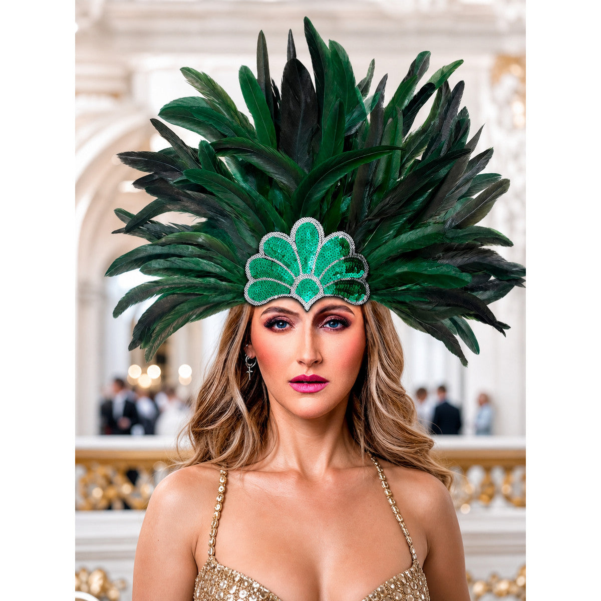 Feather carnival headpiece with green and black plumes and a beaded green centerpiece, shown on a model in an ornate interior