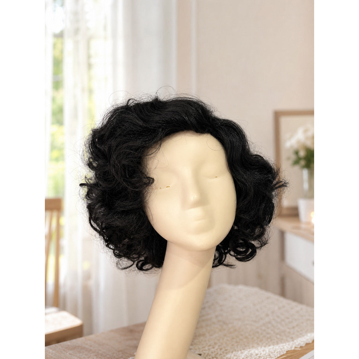 Black carnival wig with voluminous curls lifestyle