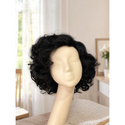 Black carnival wig with voluminous curls lifestyle