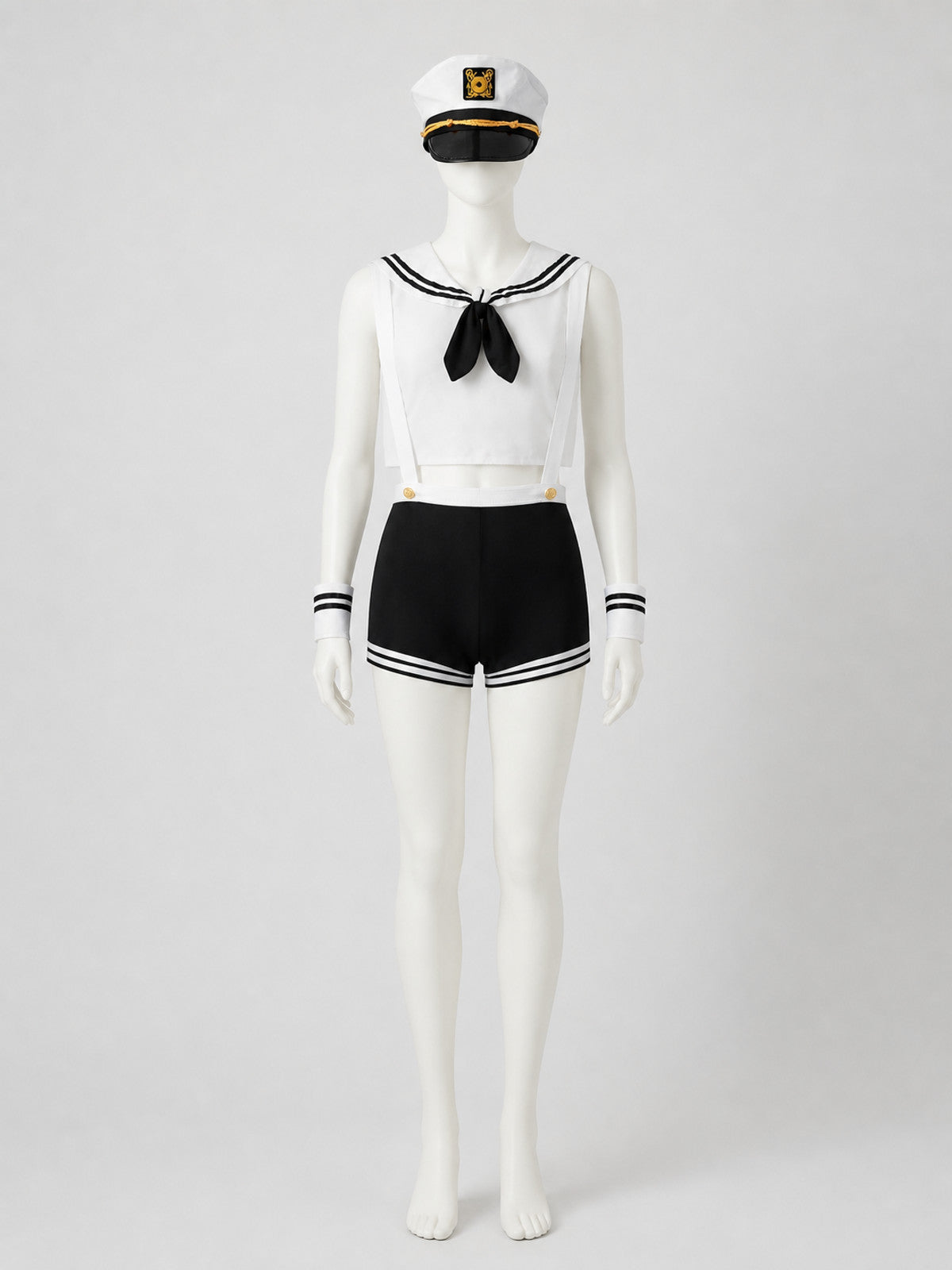 Sailor Costume: White Top, Black Shorts, Sailor Cap Costume Headwear detail