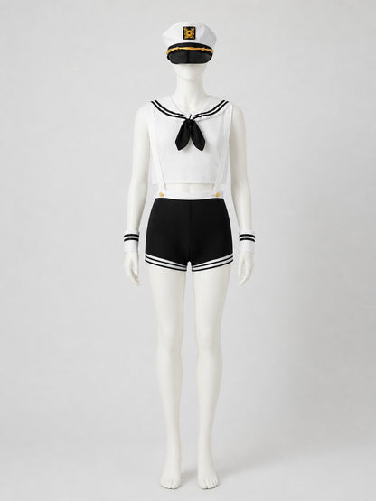 Sailor Costume: White Top, Black Shorts, Sailor Cap Costume Headwear detail