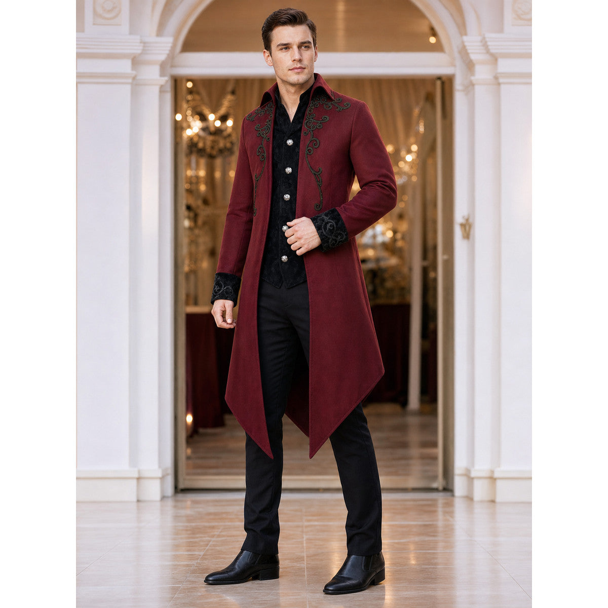 Carnival Long Embroidered Cloak, Burgundy lifestyle view
