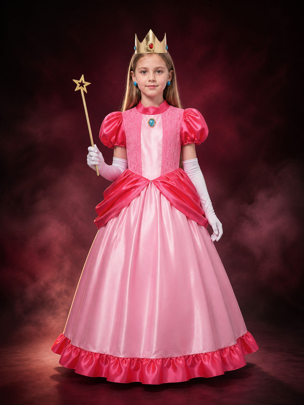 Girls Princess Costume Set with Crown and Wand, Pink Lace Ball Gown for main product view