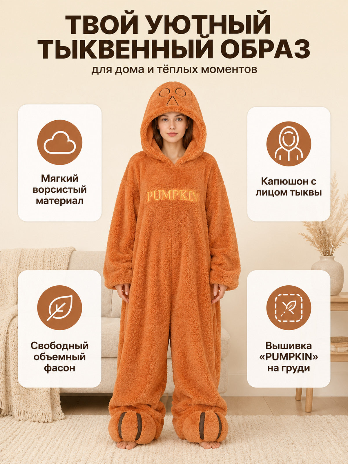 Orange hooded one-piece pajama with embroidery lifestyle view