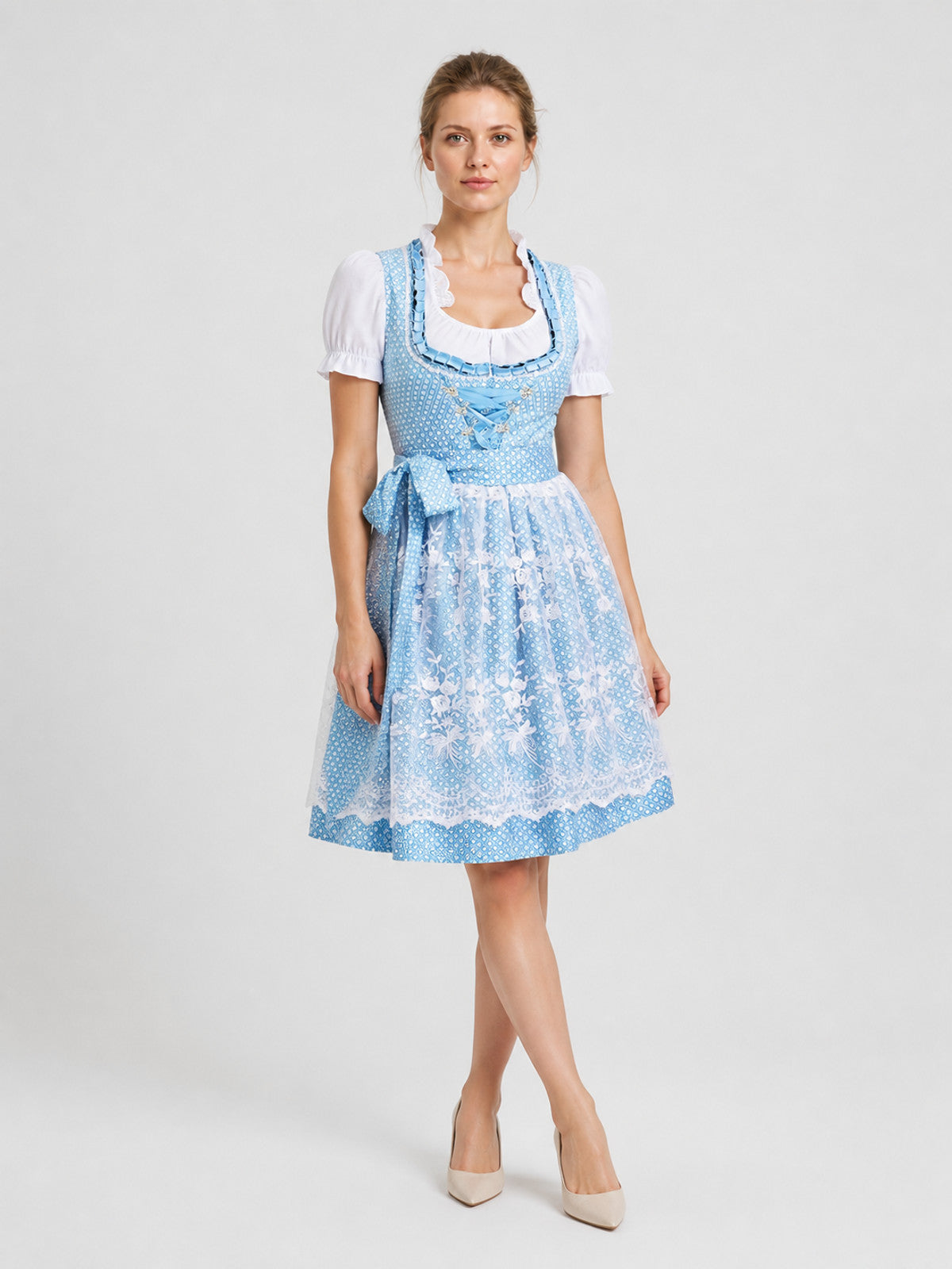 Blue and White Bavarian-Style Dress with Lace Trim Costume Dresses detail