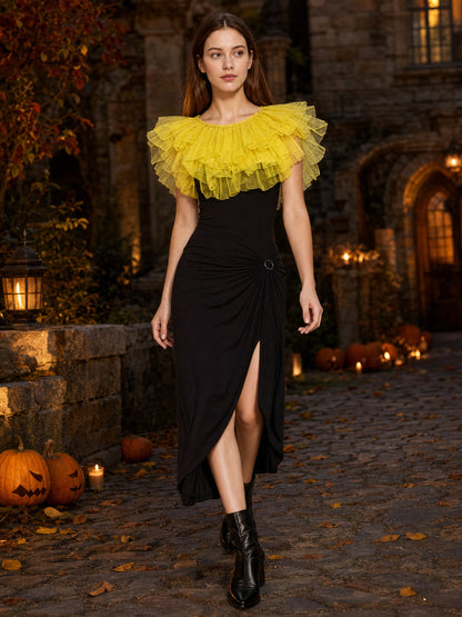 Yellow Feather Shoulder Shawl, Short Draped Wrap With Dense Feather Trim