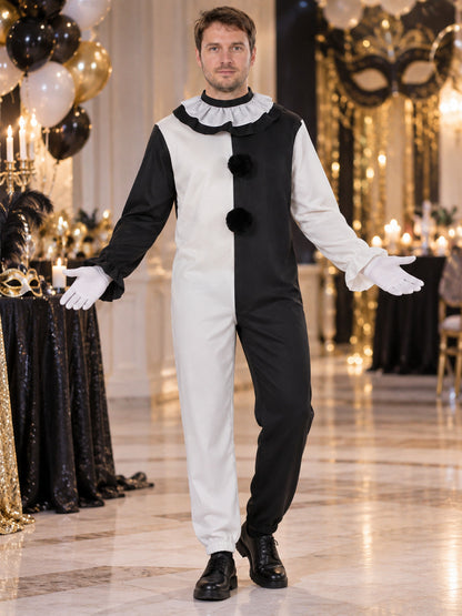 Black and White Clown Costume for Cosplay with Jabot and Pom-Poms