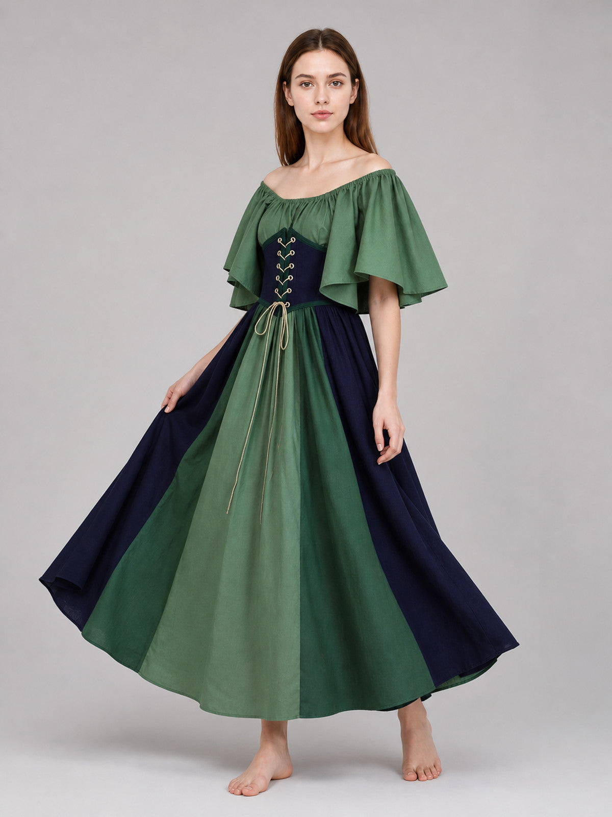 Off-the-Shoulder Dress with Sleeves and Lace-Up Detailing