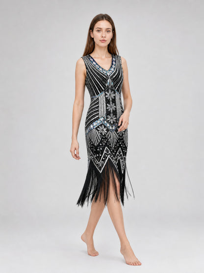 Sleeveless dress with a V-neckline and a fitted silhouette, made from fabric Costume Dresses detail