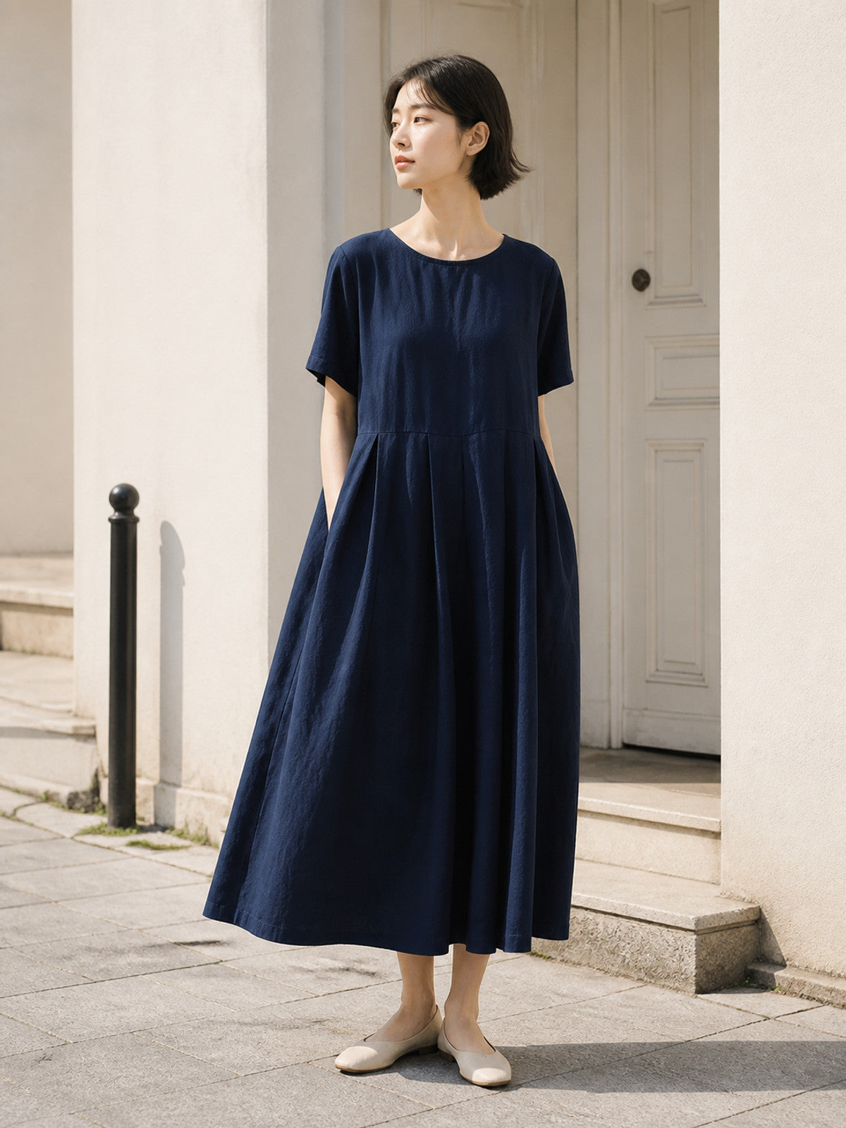 Women's dark navy A-line dress with pockets Costume Dresses detail