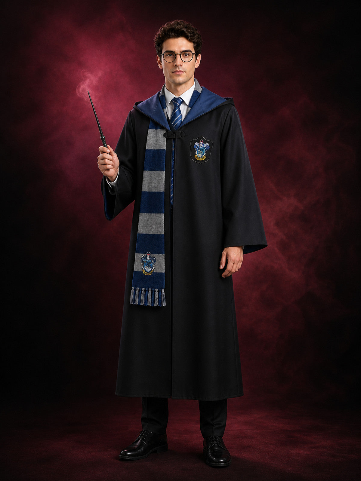 Ravenclaw Wizard Robe Costume Set with Scarf, Tie, Glasses and Wand main product view