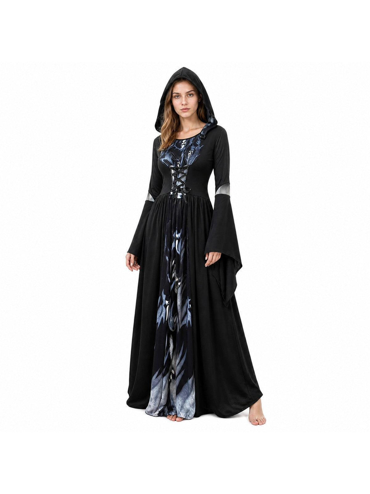 Skull-Print Hooded Dress with Lace-Up Front Costume Dresses detail