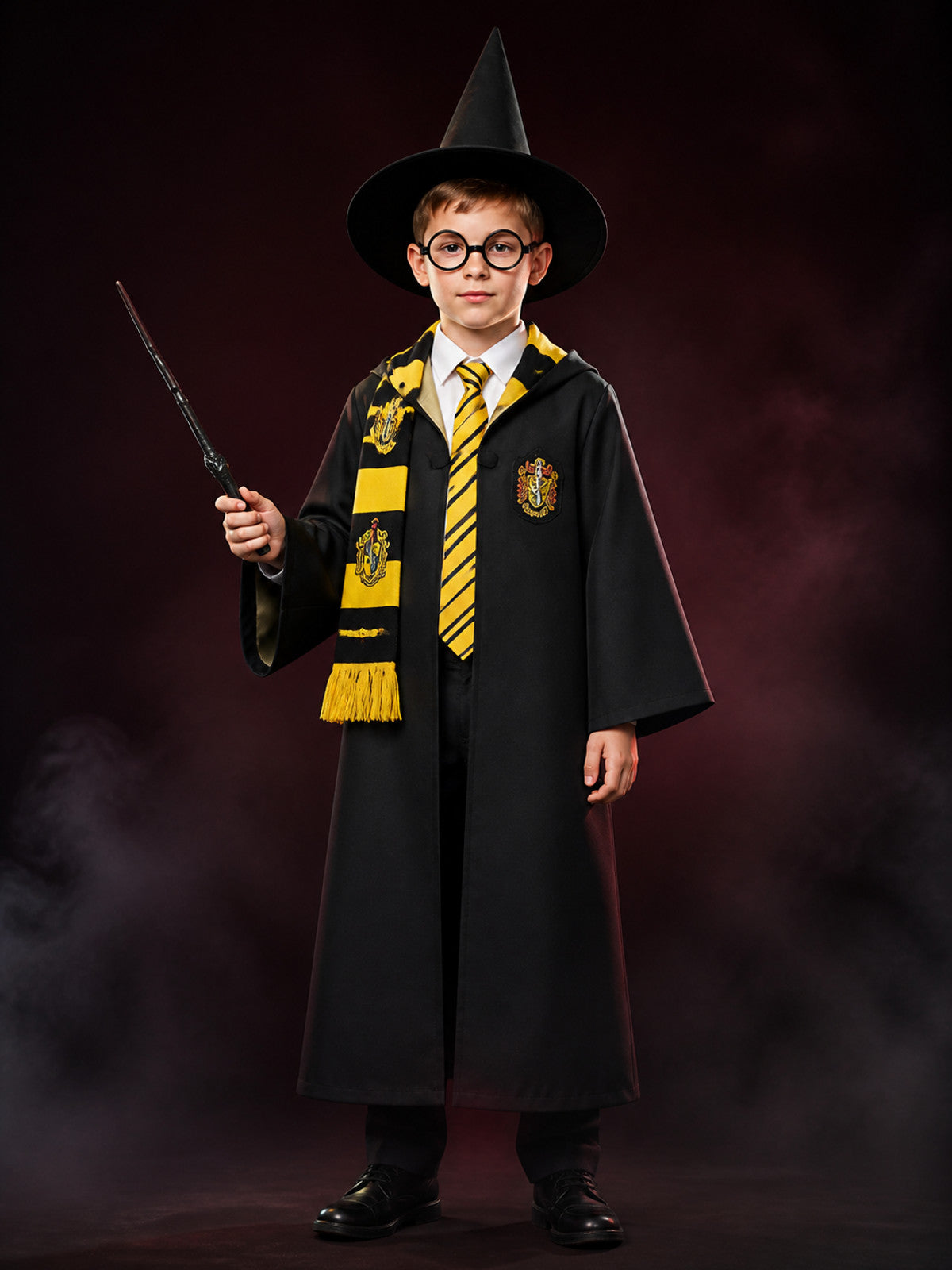 Wizard Costume Set, Hooded Robe With Shirt, Tie, Scarf, Hat, Glasses And Wand main product view