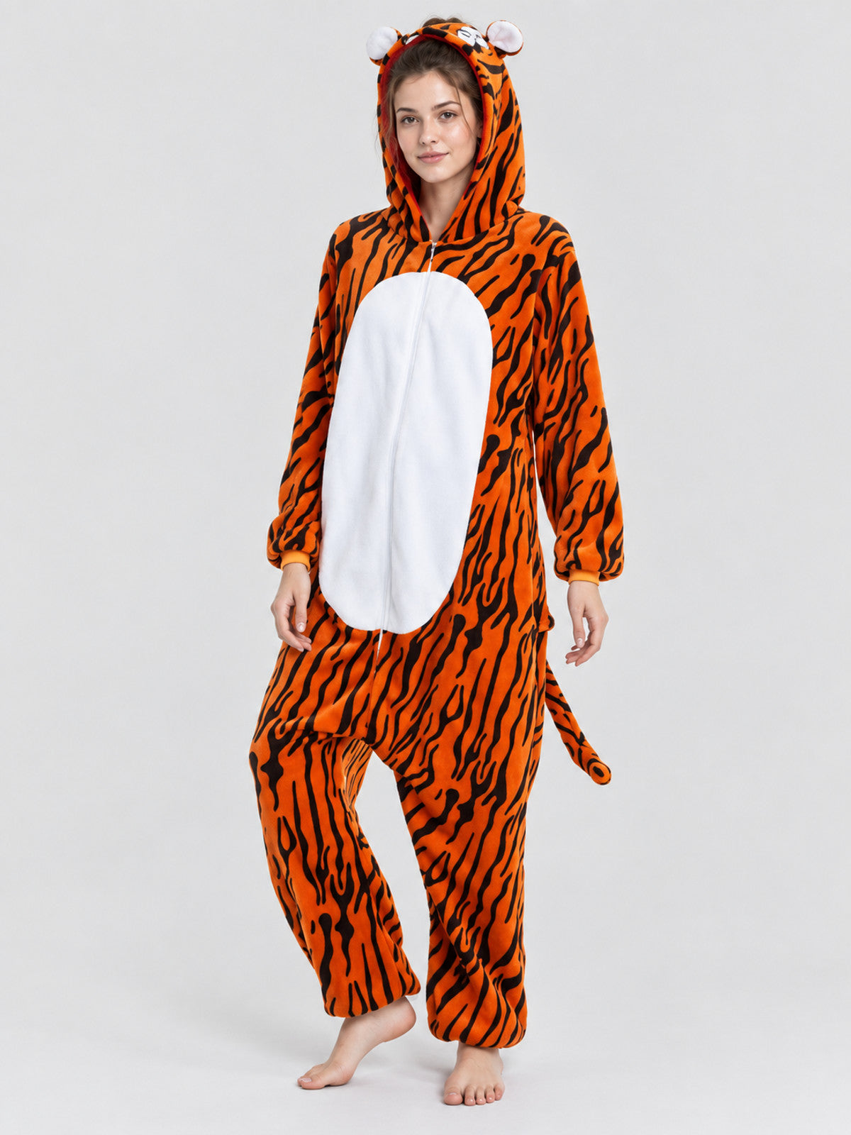 Fleece Pajama Jumpsuit with Tiger Print and Hood