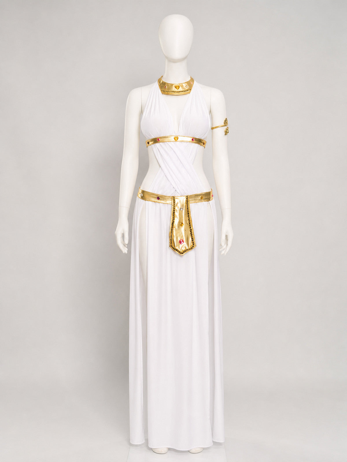 White Cleopatra Costume with Gold Decor for Cosplay Holiday Decorations detail