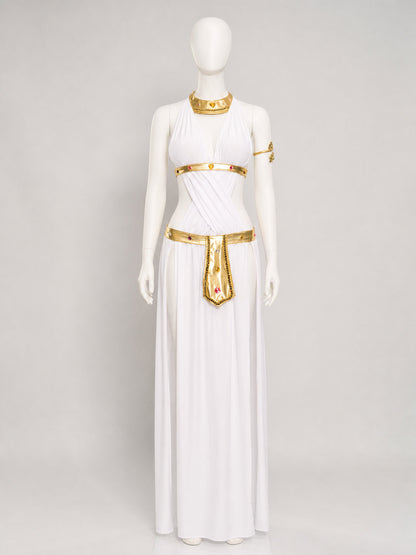 White Cleopatra Costume with Gold Decor for Cosplay Holiday Decorations detail