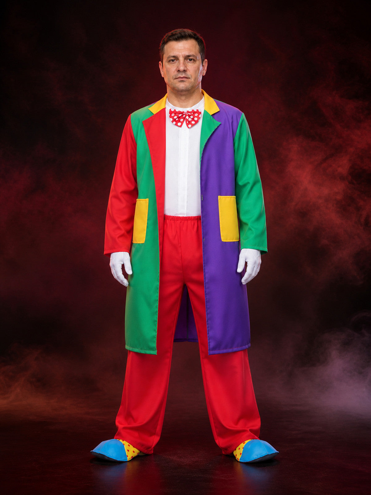 Unisex Halloween Clown Costume Set with Multi-Color Patchwork Robe, Vest, and