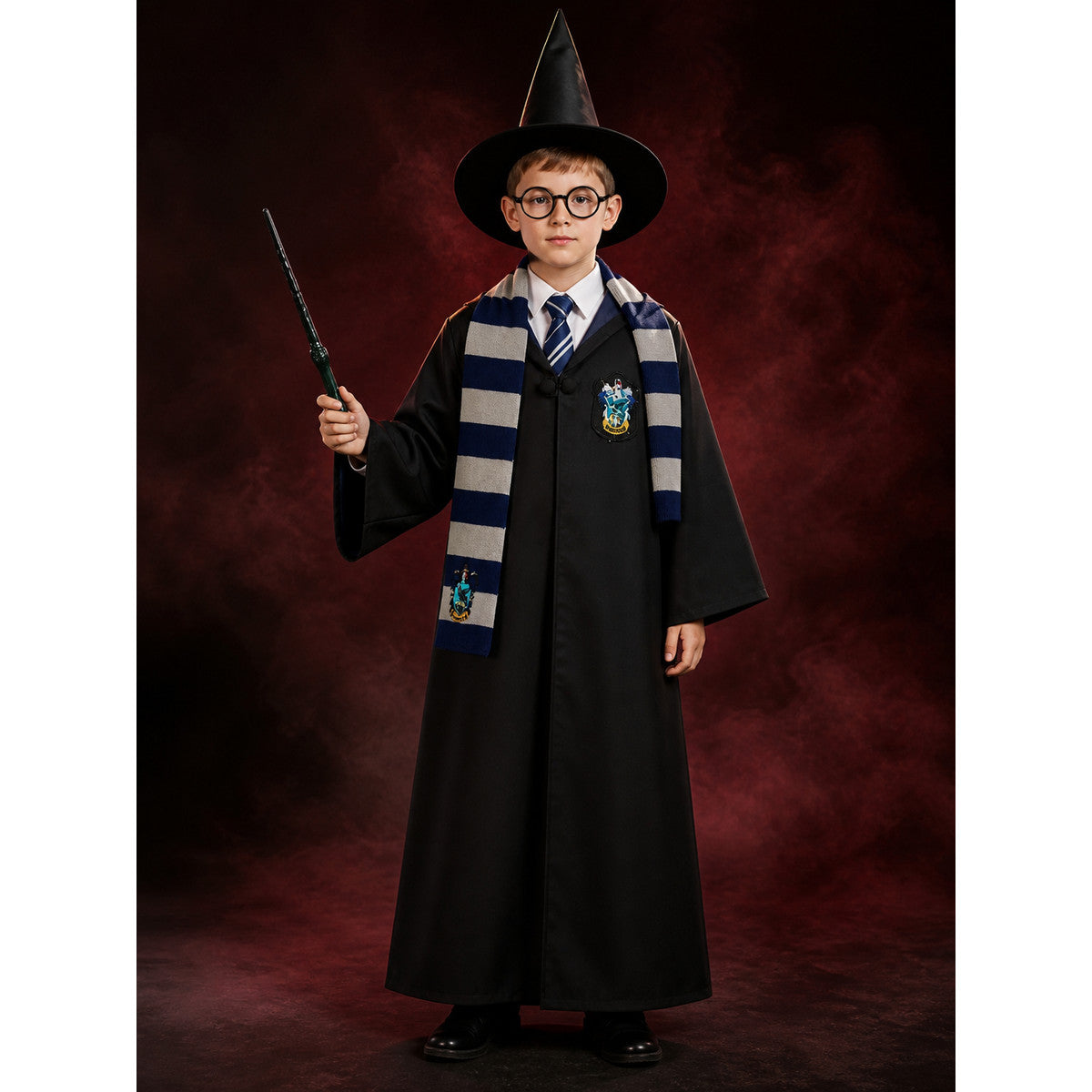 Black Wizard Robe Costume Set with Hat, Glasses, Wand, Scarf, Shirt and Tie main product view