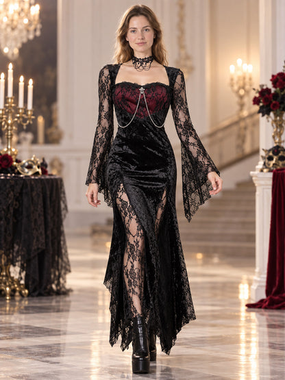 Gothic Dress Black and Red with Lace Sleeves