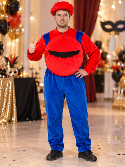 Mario costume for cosplay and role-playing with mustache and hat