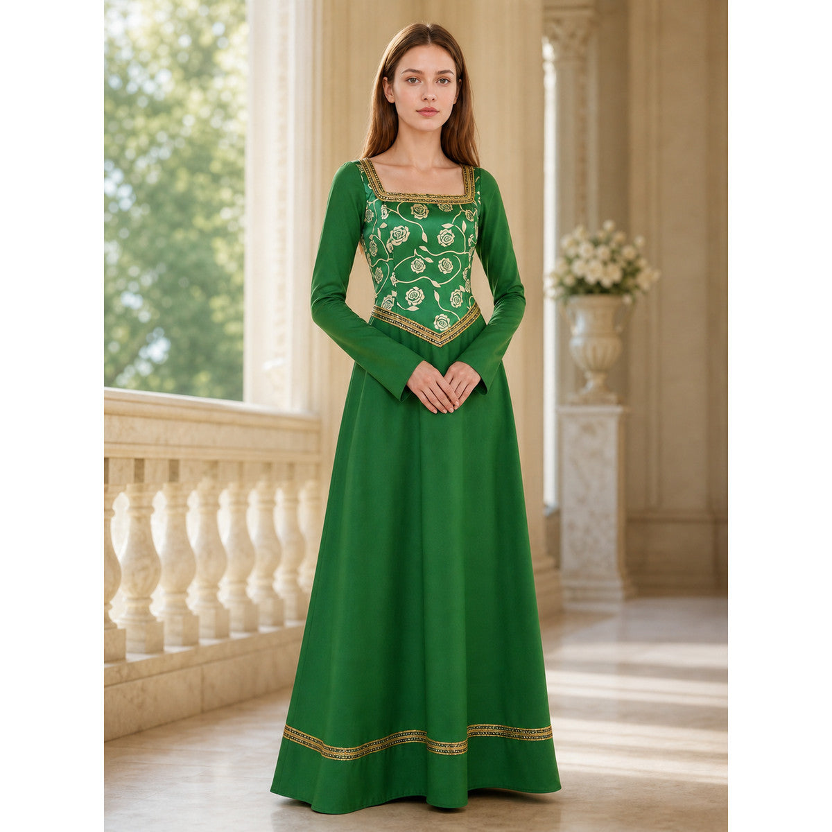 Green Dress with Gold Trim and Floral Pattern lifestyle view