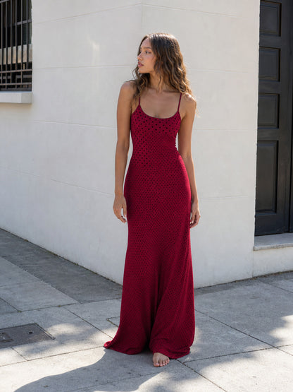 Burgundy Long Dress with Thin Straps and Polka Dots Costume Dresses detail
