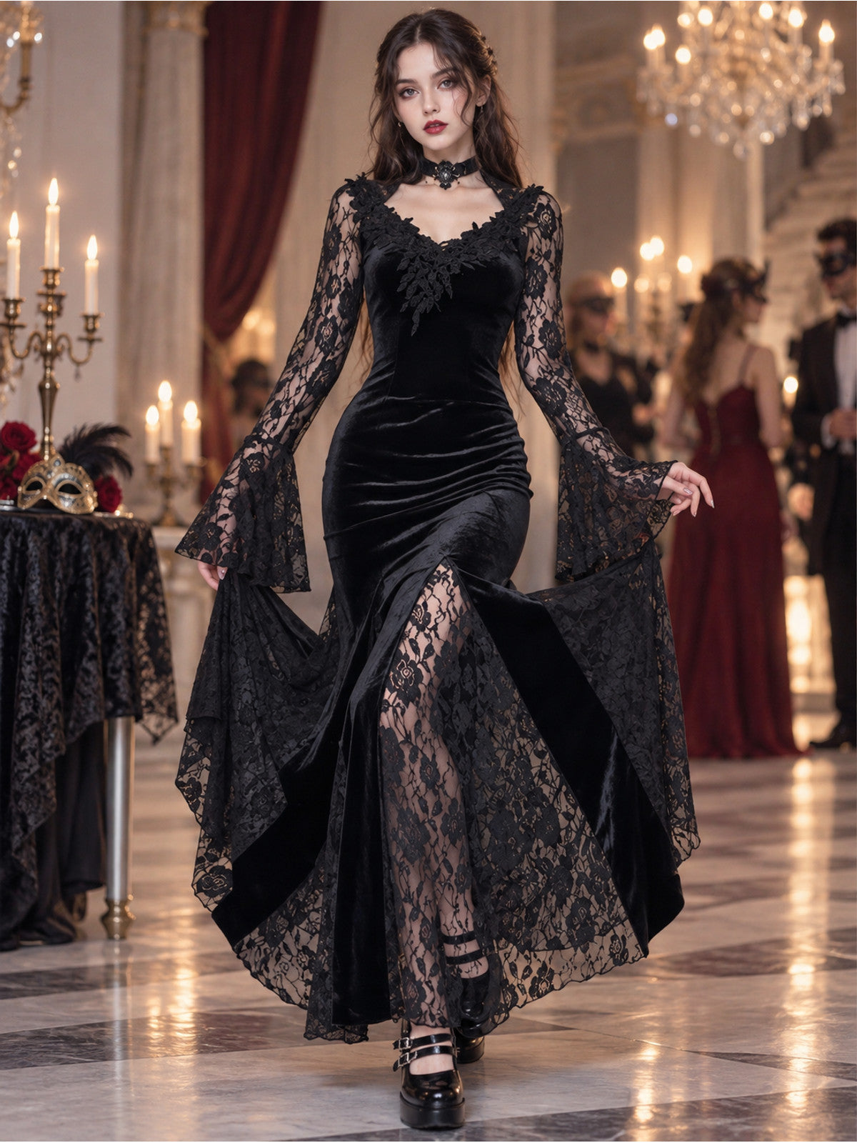 Black Gothic Dress with Lace and Deep Neckline