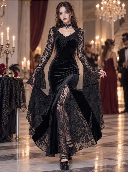 Black Gothic Dress with Lace and Deep Neckline