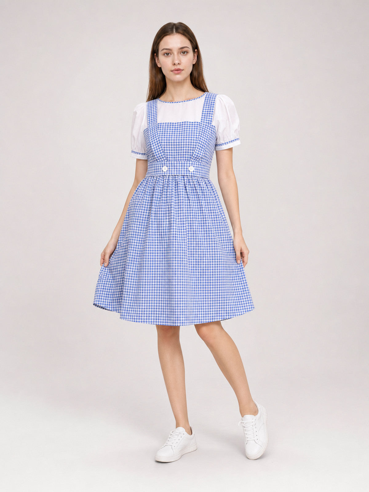 Blue-and-White Check Dress with Puff Sleeves