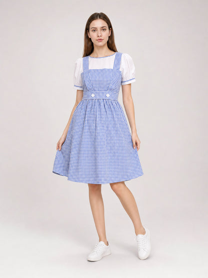 Blue-and-White Check Dress with Puff Sleeves