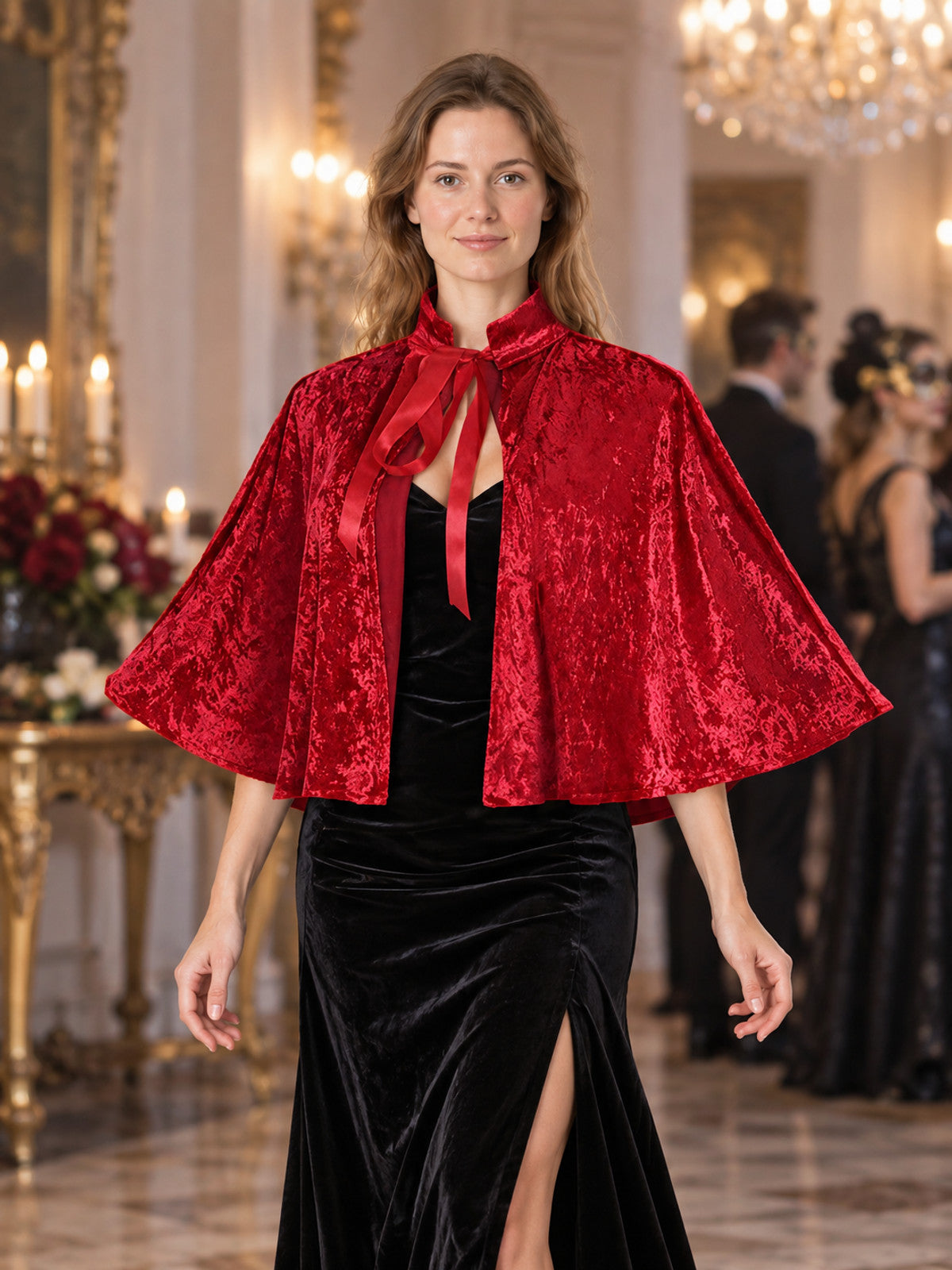 Red Velvet Capelet with Collar and Ties